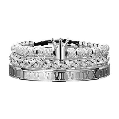 WFYOU 3PCS Stainless Steel Imperial Crown Bracelets for Men Gold Roman Numeral Bangle Bracelet Adjustable Cuff Bracelet Mens Luxury Jewelry Gifts - style: 10:Silver- Crown