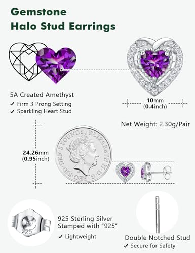 Dainty Birthstone Earrings for Women Sterling Silver Small Stud Earrings with Halo Cushion/Round Created Gemstone Earrings Birthstone Jewelry - style: C 02. Feb./created amethyst-heart shaped