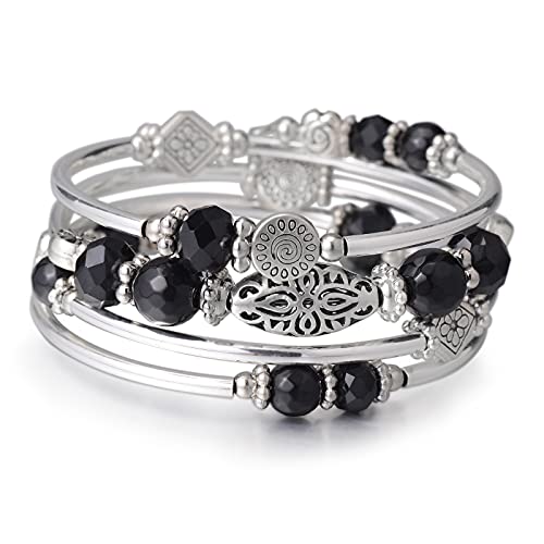 FULU AUTUMN Stackable Beaded Bracelets for Women Boho Wrap Silver Bracelet Layered Fashion Jewelry Gifts for Her - color: Black