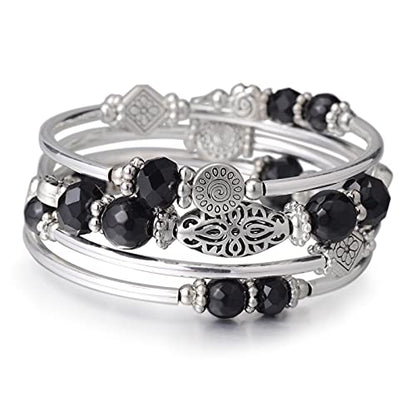 FULU AUTUMN Stackable Beaded Bracelets for Women Boho Wrap Silver Bracelet Layered Fashion Jewelry Gifts for Her - color: Black