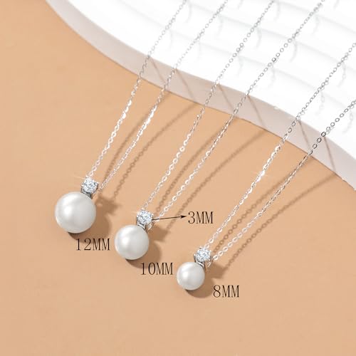 Single Black Pearl Pendant Necklace with Cubic Zirconia for Women S925 Sterling Silver Simple Crystal Pearl Drop Necklace Charm Chain Wife Daughter Birthday Wedding Graduation Jewelry Gifts - color: White, size: 8MM