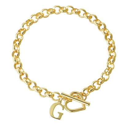 14K Gold Plated Stainless Steel A-Z Alphabet Letter Heart Bracelet | Non-Tarnish Dainty Charm with a Romantic Toggle Clasp Daily Fashion Jewelry, 7-inch Rolo Chain, Personalized Gift for Her - color: G