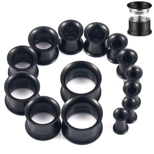 12G-25mm Double Flared Gauges Tunnels Stretching Kit 316L Surgical Steel Ear Gauges Plugs Earring Lobe flesh Tunnel Gauge Stretcher Silver Black Gold Color Tone - color: Black, size: 0g/00g/12mm14mm/16mm/18mm/20mm