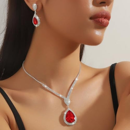 Fashion Red Black Colorful Bridal Teardrop Layered Crystal Necklace Earrings Set Sparkly Rhinestone Crystal Elegant Bridal Teardrop Shape Choker Earrings For Prom Costume Set Christmas Halloween Full Rhinestone Choker Necklace Earrings for Women - color: