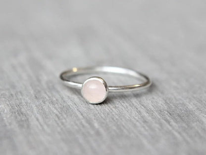 Solid 925 Sterling Silver Natural Rose Quartz Pink Round Gemstone Solitaire Stacking Band Handmade Women's Ring for Gift