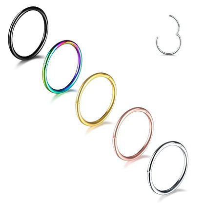 Aumeo 14G 16G 18G 20G Nose Ring Hoop Stainless Steel Hinged Segment Rings Hoops Nose Clicker Ring Tragus Helix Cartilage Daith Rook Earring Piercing Jewelry for Women Men - style: 5pcs 20g 9mm Mixed Colors