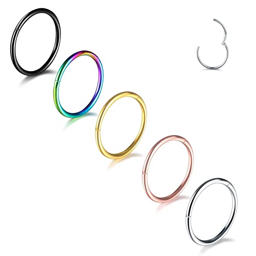 Aumeo 14G 16G 18G 20G Nose Ring Hoop Stainless Steel Hinged Segment Rings Hoops Nose Clicker Ring Tragus Helix Cartilage Daith Rook Earring Piercing Jewelry for Women Men - style: 5pcs 20g 9mm Mixed Colors