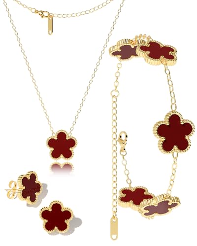 AICase Clover Jewelry Set,18K Gold Plated Lucky Clover Bracelet,Four Leaf Clover Necklace and Clover Earrings Fashion Jewelry Sets Gifts for Women/Mon - color: Red