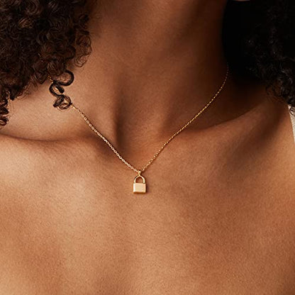 PAVOI 14K Gold Plated Dainty Cubic Zirconia Pendant Necklace for Women | Dot, Elephant, Butterfly, Pineapple, Lock, Knot, Palm Tree, Bow, Smiley Pendant | Layering Chain Necklaces - style: Lock