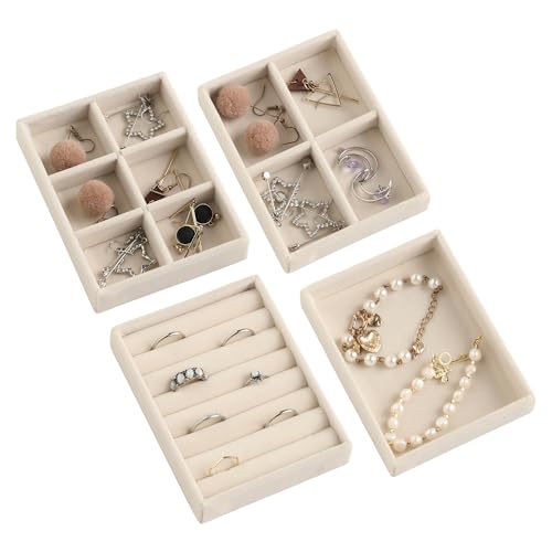 Frebeauty Small Jewelry Organizer for Drawer,Set of 4 Velvet Jewelry Trays | Jewelry Box Inserts,Drawer Inserts,Vanity Drawer Organizer,Mini Size,Stackable Earring Organizer,Adjustable Dividers - color: Beige, size: Set 4