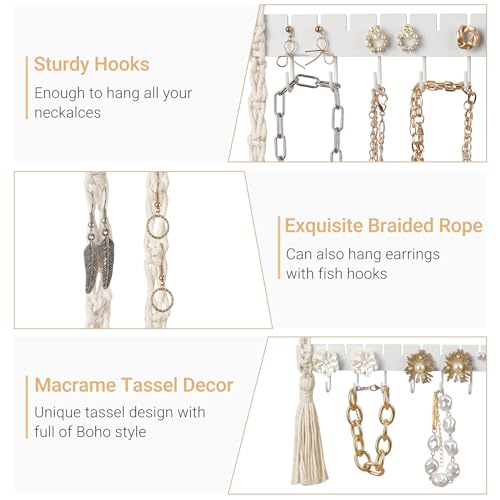 Mkono Hanging Jewelry Organizer Macrame Necklace Holder Wall Mounted Jewelry Hanger Earring Holder Organizer Boho Decor Over Door Jewelry Display Necklace Rack for Necklaces Bracelets Earrings
