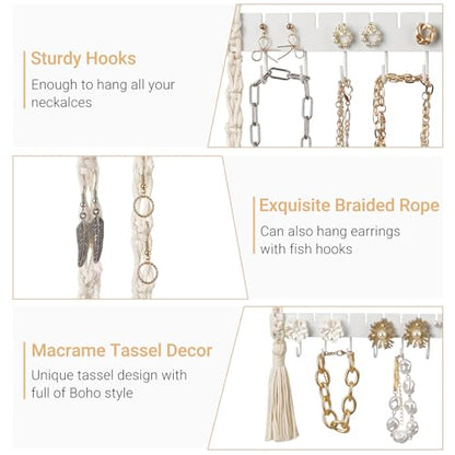 Mkono Hanging Jewelry Organizer Macrame Necklace Holder Wall Mounted Jewelry Hanger Earring Holder Organizer Boho Decor Over Door Jewelry Display Necklace Rack for Necklaces Bracelets Earrings