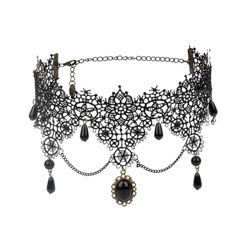 PINK TOWN Gothic Lace Choker Necklace for Women,Vintage Red Black Crystal Pendant Necklaces Punk Style Vampire Necklace Hollowed Out Layer Necklaces Halloween Jewelry Accessories - color: Black4