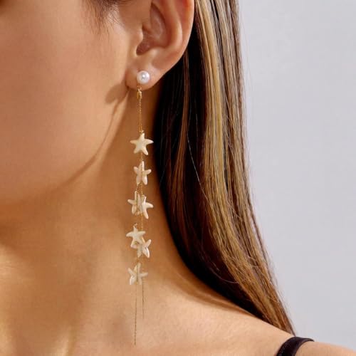 Boho Ocean Shell Starfish Beaded Long Drop Earrings for Women,Tropical Faux Pearl Tassel Dangle Statement Earrings Beach Vacation Fashion Jewelry