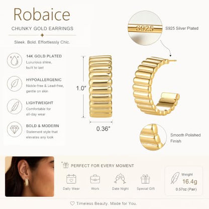 Robaice Chunky Huggie Earring for Women，14K Gold Plated Hoop Earrings | Gold Huggie 925 Sterling Silver Post Earrings, Statement Trendy Hoop Earring，Fashion Lightweight Jewelry Gifts for Women - color: Gold-C