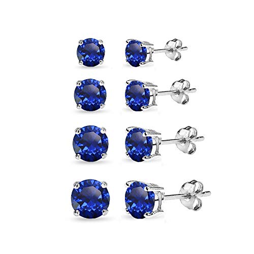 Sapphire Earrings for Women Sterling Silver Trendy Round-Cut Created Blue Gemstone Solitaire Studs for Men Bridesmaids Prom Gift - color: 3-4-5-6mm - Sterling Silver / 4 Pairs