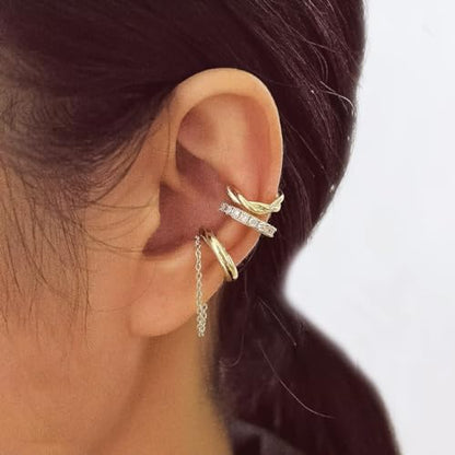 3Pcs Ear Cuffs Non Piercings for Women, Trendy Cubic Zirconia Gold Silver Clip On Cuff Earrings Set Jewelry Dainty Fake Cartilage Earring - color: Gold Chain