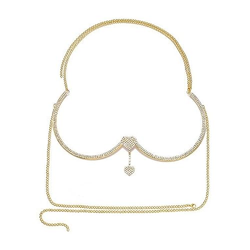 Rhinestone Chest Bracket Chain Trendy Crystal Heart Pendant Bra Chain Sexy Bikini Body Chain Jewelry for Women - color: Gold