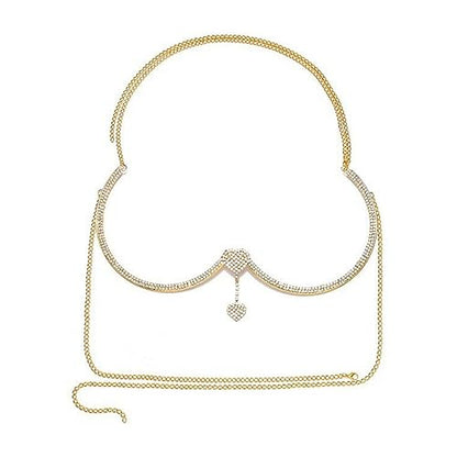 Rhinestone Chest Bracket Chain Trendy Crystal Heart Pendant Bra Chain Sexy Bikini Body Chain Jewelry for Women - color: Gold