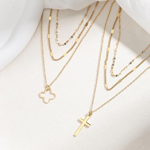 Triple Layered Gold Chain Necklace with Cross, Four Leaf Clover Pendant, Multi-Strand, Religious Jewelry, Gift with a Box - color: Four Leaf Clover