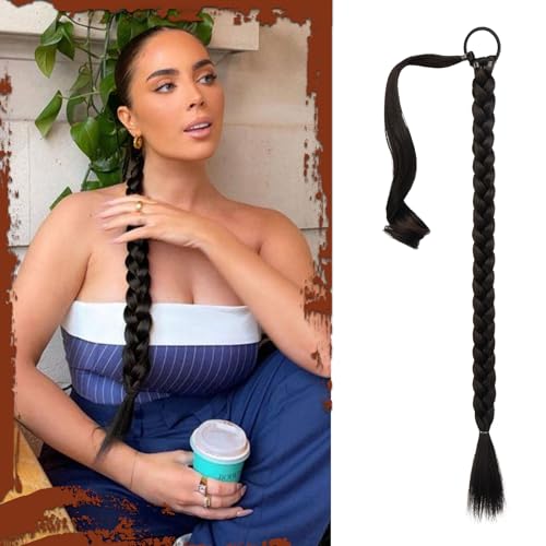 Long Braid Ponytail Extension with Hair Tie Straight Sleek Wrap Around Hair Extensions Braid Pony Tail Fluffy Natural Soft Synthetic Hairpieces for Women Daily Wear - color: Dark Brown, size: 26 Inch (Pack of 1)