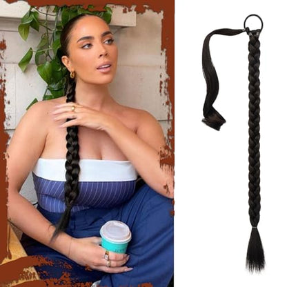 Long Braid Ponytail Extension with Hair Tie Straight Sleek Wrap Around Hair Extensions Braid Pony Tail Fluffy Natural Soft Synthetic Hairpieces for Women Daily Wear - color: Dark Brown, size: 26 Inch (Pack of 1)