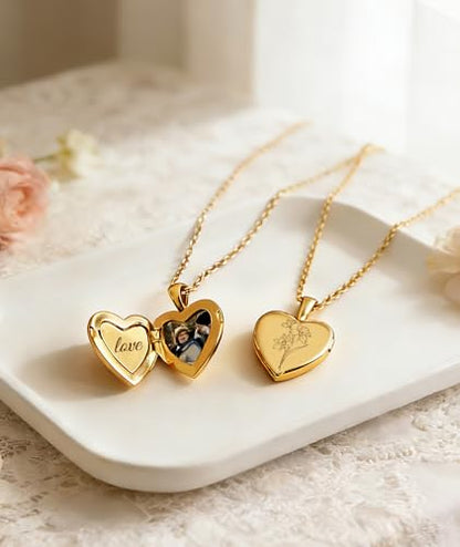Personalized Locket Necklace for Women with Engraved Text & Picture | Custom Birthday Flower Locket Necklace Mothers Day Gift for Mom Mother Wife - color: Heart