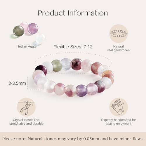 NLIEO Handmade Natural Gemstone Crystal Beaded Stretch Band Ring for Women | Handmade, 3mm Natural Stone, Size 7-12, Stretchy, Beaded Jewelry, Green Bead Rings, Trendy Jewelry Gift - style: Indian Agate