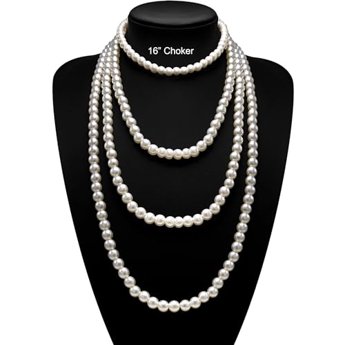 Long Pearl Necklaces for Women Cream White Faux Pearl Strand Layered Necklace Costume Jewelry - color: 6MM choker+ 8MM long