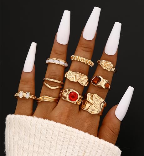 iF YOU 25 Pcs Gold Stackable Ring Set for Women, Chunky Knuckle Finger Midi Rings, Silver Simple Stacking Cute Rings Pack Trendy Stuff Jewelry Gift - style: 10 Red gem rings