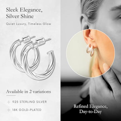 Small Gold Hoop Earrings for Women | 18K Gold Plated Non Tarnish Hoops, Classic Polished Huggie Earrings, 925 Sterling Silver Base, Twist Hoop. (4x20mm & 4x25mm, 3x15mm & 3x20mm) - color: Silver, size: Twist Hoop (4x20mm & 4x25mm)