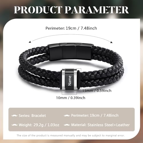 Personalized Braided Leather Bracelet with Photo Custom Name Beads Cuff Bangle Jewelry Gifts for Men Dad Husband Grandpa Fathers Day - color: Style 4-7.5inch