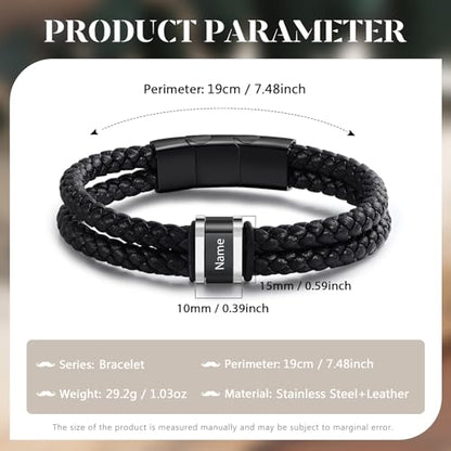 Personalized Braided Leather Bracelet with Photo Custom Name Beads Cuff Bangle Jewelry Gifts for Men Dad Husband Grandpa Fathers Day - color: Style 4-7.5inch