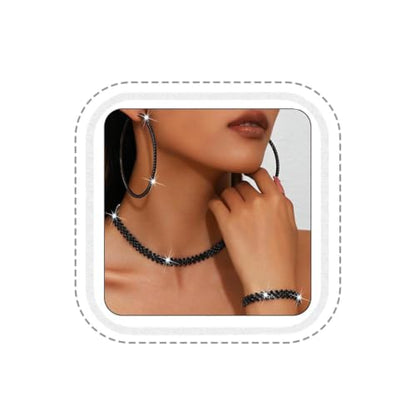 Black Jewelry Sets Rhinestone Necklace Hoop Earrings Bracelet Set Prom Formal Sparkly Costume Jewelry Sets for Women - color: Black