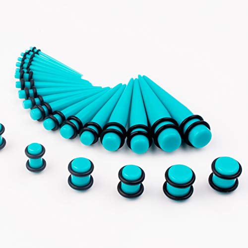 50 Pcs Ear Gauges Stretching Kit 14G-00G | Acrylic Tapers and Plugs Silicone Tunnels, Gauge Expanders Stretching Kit, Piercing Earring Jewelry for Men and Women - color: Turquoise