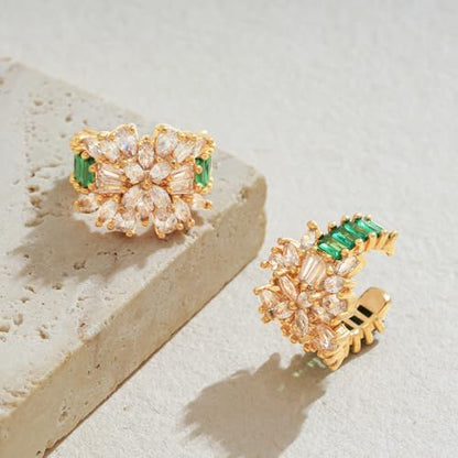 Gold Ear Cuff Earring for Women 14K Gold Plated Cubic Zirconia Non-Pierced Clip on Cartilage Chunky Ear Cuffs Hypoallergenic Jewelry - style: flower / pair