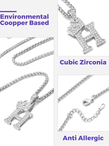 Richsteel Silver Crown Initial A-Z Letter Pendant Necklace for Men Women | Cubic Zirconia Monogram, 316L Steel Chain, 22" + 2" Extender,Hypoallergenic,Gift Box, Hip Hop Jewelry - style: H