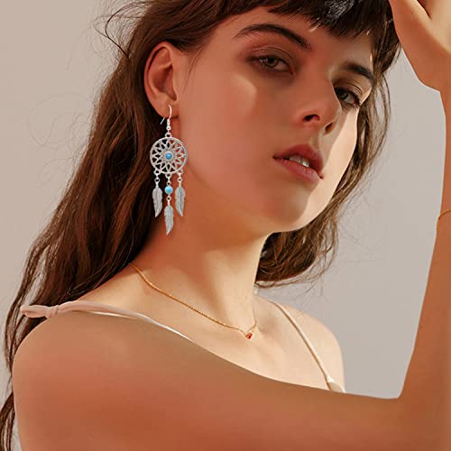 KaFu Woman Retro Silver BOHO Style Metal Dangle Drop Earrings Dream Catcher Statement Feather Dangle Tassels Turquoise Earrings for Women Girls - color: Silver-4