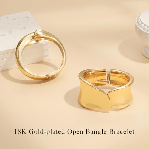 Emibele Cuff Bracelet Stack, 18K Gold-plated Open Bangle Bracelet, Teardrop Hinged Thick Wrist Chunky Bracelet Set for Women, Non Tarnish Jewelry Gift, 2 Pack - color: Gold Cuff