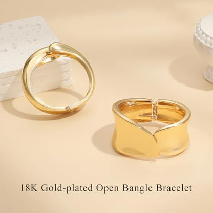 Emibele Cuff Bracelet Stack, 18K Gold-plated Open Bangle Bracelet, Teardrop Hinged Thick Wrist Chunky Bracelet Set for Women, Non Tarnish Jewelry Gift, 2 Pack - color: Gold Cuff