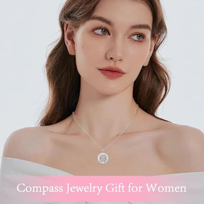 Compass Necklace Sterling Silver Nautical Graduation Gift | 925 Sterling Silver compass pendant with meaningful nautical design, jewelry for women, graduation and travel gift - color: Pink
