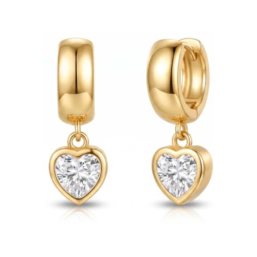 NIXMAX Trendy Gold Dangle Earrings for Women, Chunky Statement CZ Hoops | Bezel-Set Cubic Zirconia Charm, 14K Gold Plated, Lightweight Hypoallergenic Jewelry, Fashion Accessories, Gifts for Women - color: Gold-Chunky heart hoops