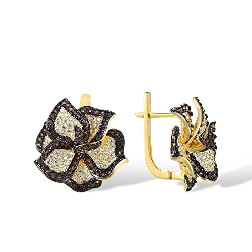 Santuzza Sterling Silver Gemstone Flower Earrings for Women - color: [A]Peony-Brown