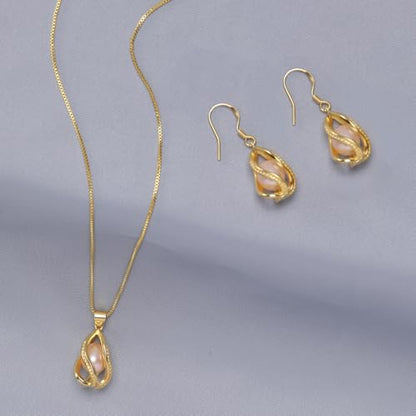 Pearl Jewelry Set For Women S925 Sterling Silver/14K Gold Plated Necklace & Earrings Set Freshwater Pearl Pendant Cage Set for Wedding Anniversary Prom Birthday Gift - color: Golden-Pink