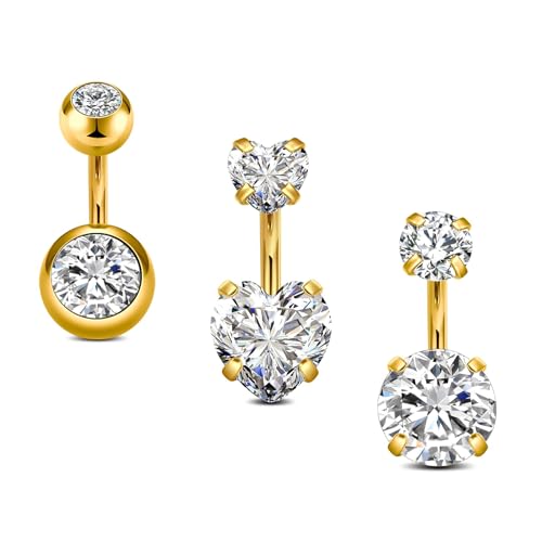 QWALIT Belly Rings - Short Bar Belly Button Rings in Surgical Steel with Opal Stones - 6mm & 10mm - color: E12-3pcs gold 6mm