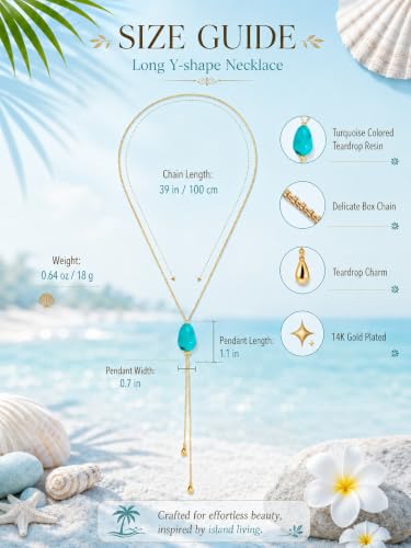 Lariat Necklace for Women Chunky Resin Turquoise Teardrop Pendant Long Necklaces 14K Gold Plated Drop Y Chain Simple Adjustable Trendy Jewelry Gifts