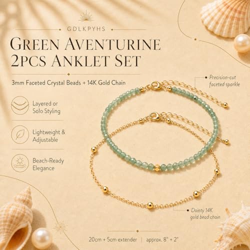 2Pcs Beaded Anklets for Women, Natural Stone Bead Ankle Bracelets with 14K Gold Plated Chain, Waterproof Adjustable Layered Anklet Set, Boho Beach Summer Jewelry Gift - color: Green Aventurine