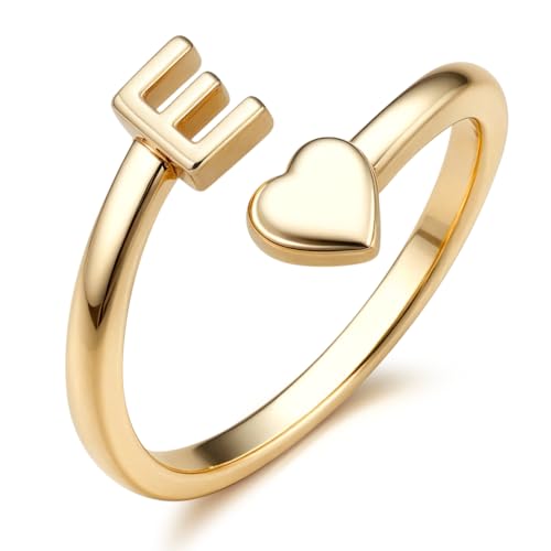 FUNRUN JEWELRY Gold Initial Ring for Women Non Tarnish 14K Gold Plated | Adjustable Letter Rings A-Z Dainty Heart Alphabet Stackable Band Rings Trendy Capital Letter Pinky Knuckle Thumb Ring - style: E Initial Ring