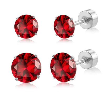 20G G23 Implant Grade Titanium Flat Back Stud Earrings for Women Men, Gold/White Gold Plated Tragus Labret Cartilage Helix F136 Piercing Jewelry for Sensitive Ears, with 4-6mm Cubic Zirconia - color: 2Pairs-20G-Silver-Red-Stud Earring Sets