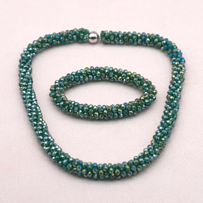 Hand Knotted Beads Statement Necklace Bracelet Jewelry Set Artificial Crystal Choker for Women- Handmade Beaded Strand Sparkly Faceted Crystal Rondelle-17inches, 30 Colors - color: Green Set